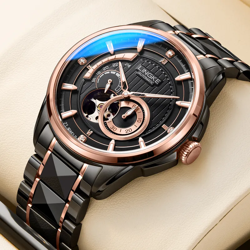 LINGKE Automatic Mechanical Movement Steel Strap Watch Men's Watches White Dial-17