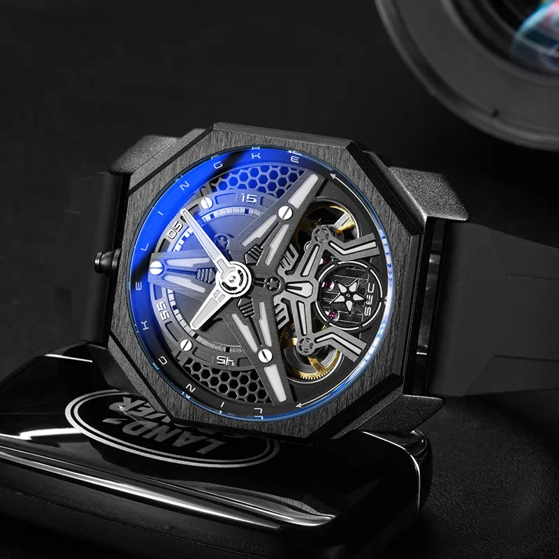 LINGKE Starship Collection Automatic Mechanical Movement Silicone Strap Watch Men's Watches Cut-Out Dial-2