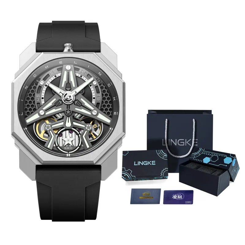 LINGKE Starship Collection Automatic Mechanical Movement Silicone Strap Watch Men's Watches Cut-Out Dial-6
