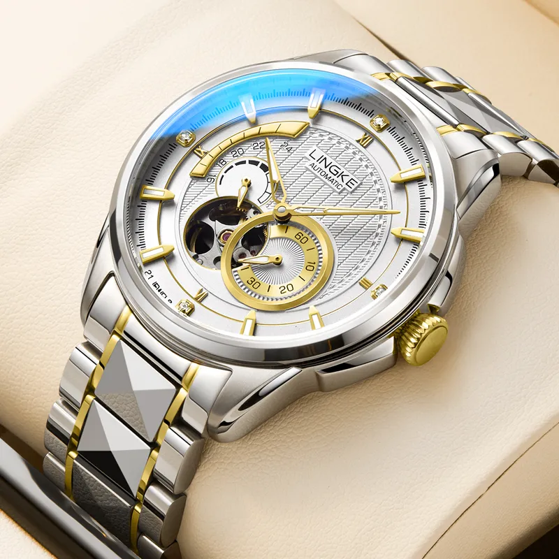 LINGKE Automatic Mechanical Movement Steel Strap Watch Men's Watches White Dial-7
