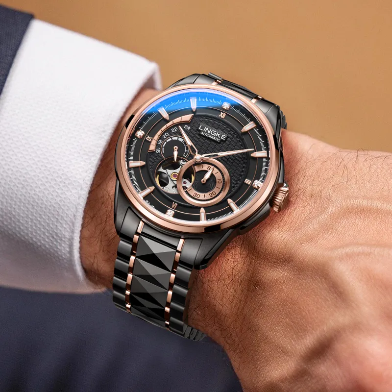 LINGKE Automatic Mechanical Movement Steel Strap Watch Men's Watches White Dial-16