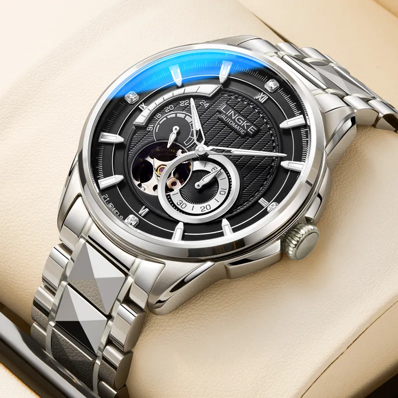 LINGKE Automatic Mechanical Movement Steel Strap Watch Men's Watches White Dial-12