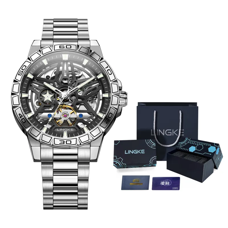 LINGKE Automatic Mechanical Movement Stainless Steel Watchband Watch Men's Watches Black Dial-7