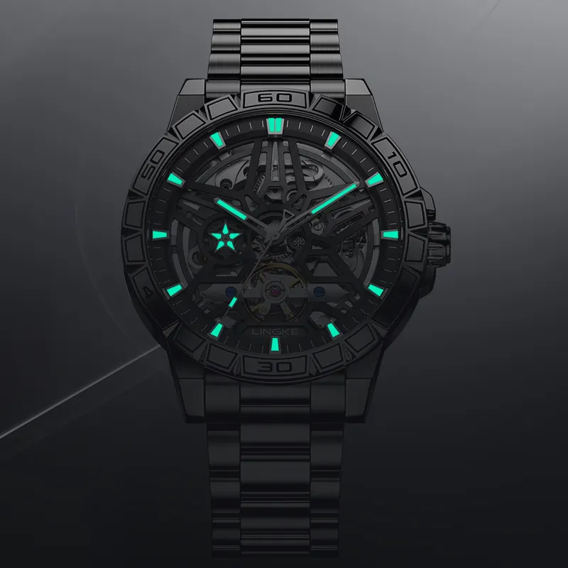 LINGKE Automatic Mechanical Movement Stainless Steel Watchband Watch Men's Watches Black Dial-11