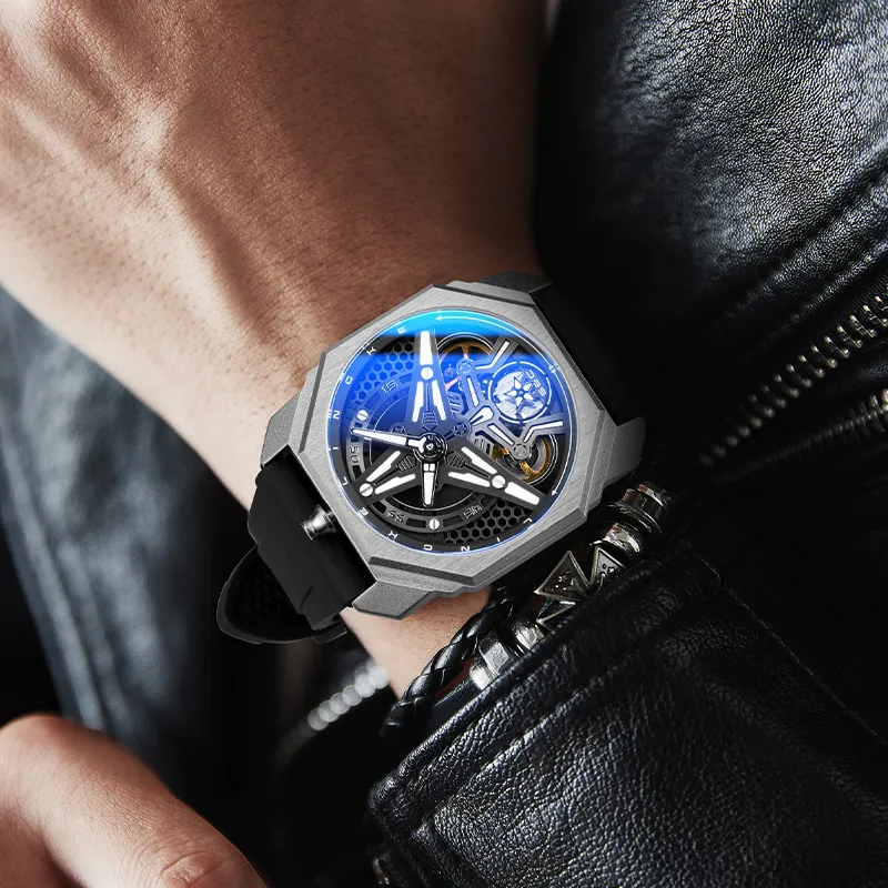 LINGKE Starship Collection Automatic Mechanical Movement Silicone Strap Watch Men's Watches Cut-Out Dial-9