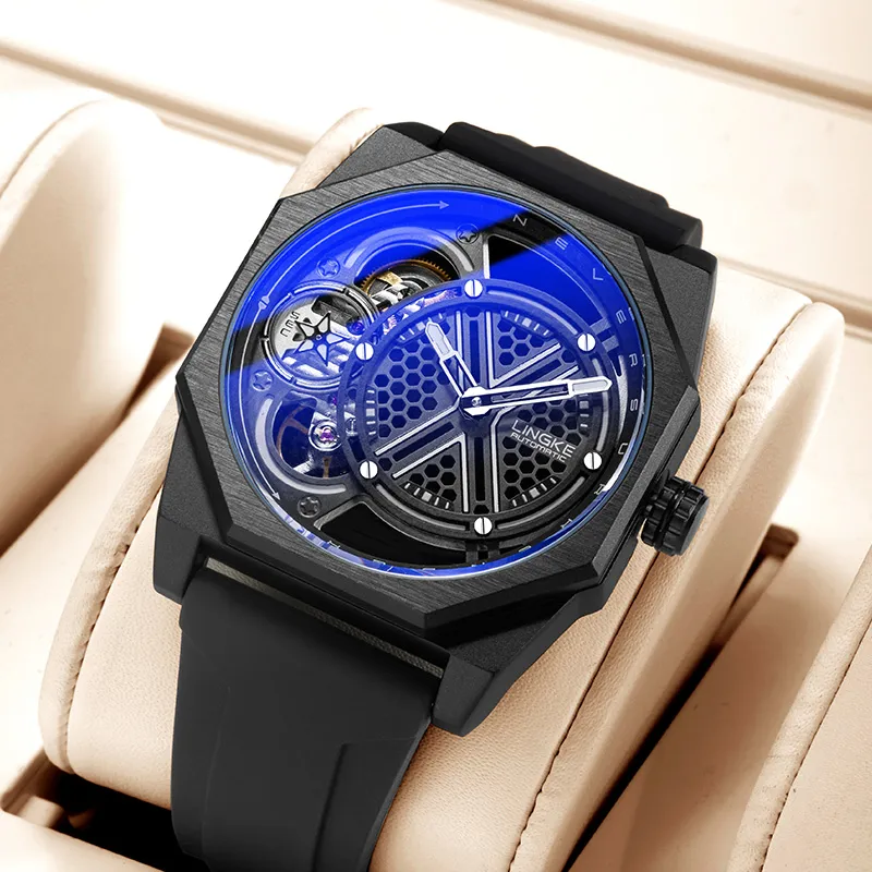 LINGKE Water Resistant Glow in The Dark Automatic Mechanical Movement Silicone Strap Watch Men's Watches Cut Out Dial-2