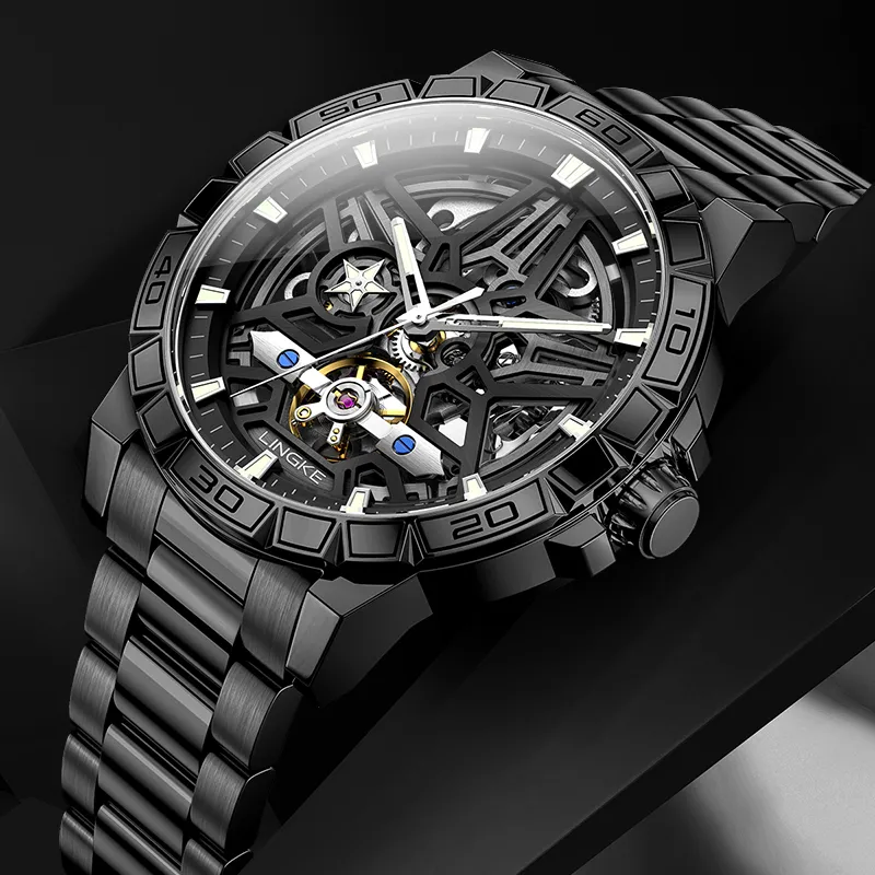 LINGKE Automatic Mechanical Movement Stainless Steel Watchband Watch Men's Watches Black Dial-3
