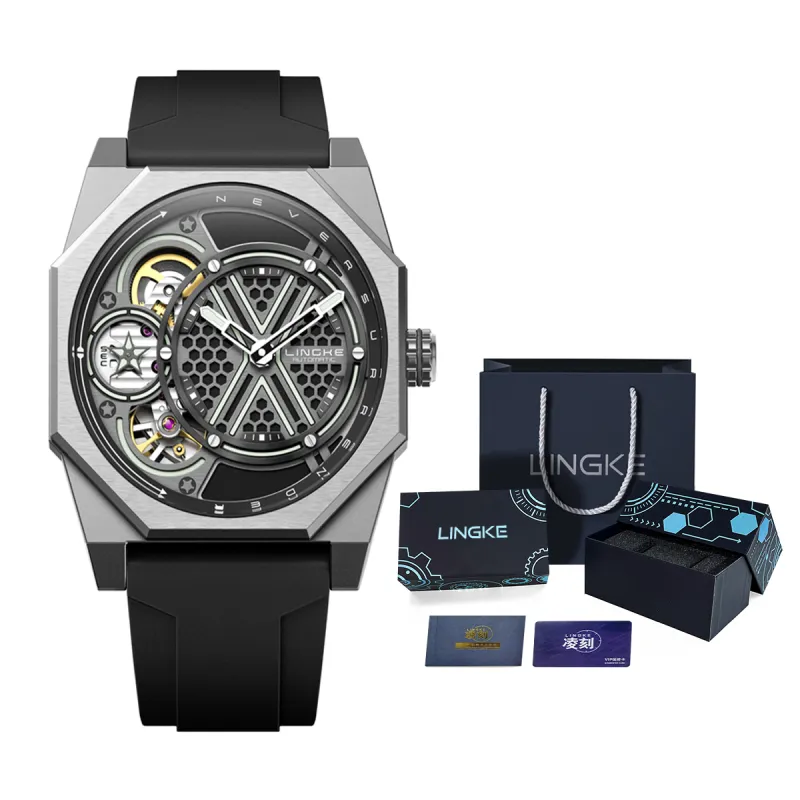 LINGKE Water Resistant Glow in The Dark Automatic Mechanical Movement Silicone Strap Watch Men's Watches Cut Out Dial-8
