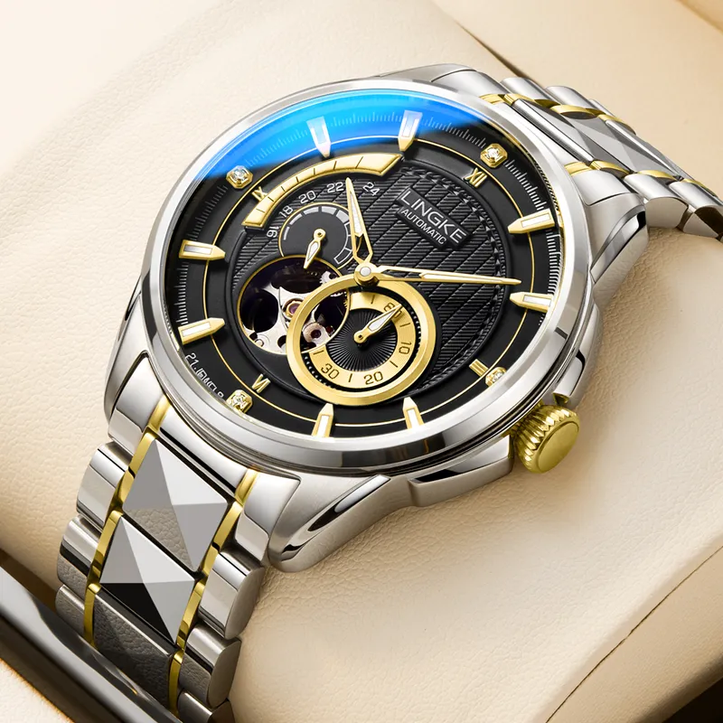 LINGKE Automatic Mechanical Movement Steel Strap Watch Men's Watches White Dial-3