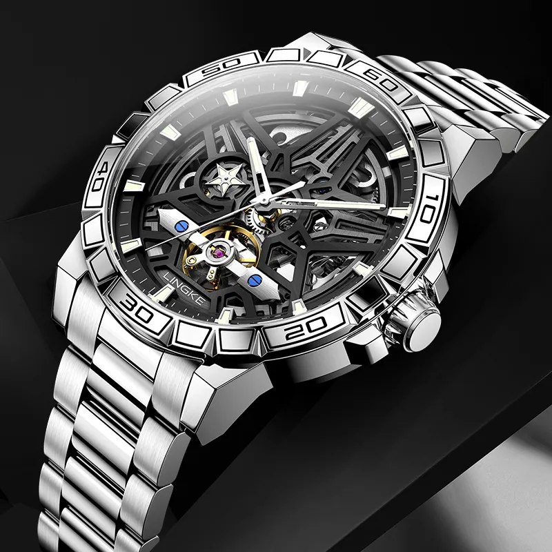 LINGKE Automatic Mechanical Movement Stainless Steel Watchband Watch Men's Watches Black Dial-9