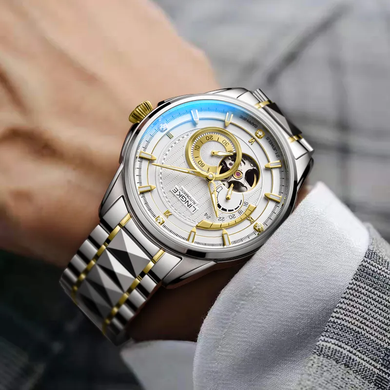 LINGKE Automatic Mechanical Movement Steel Strap Watch Men's Watches White Dial-9