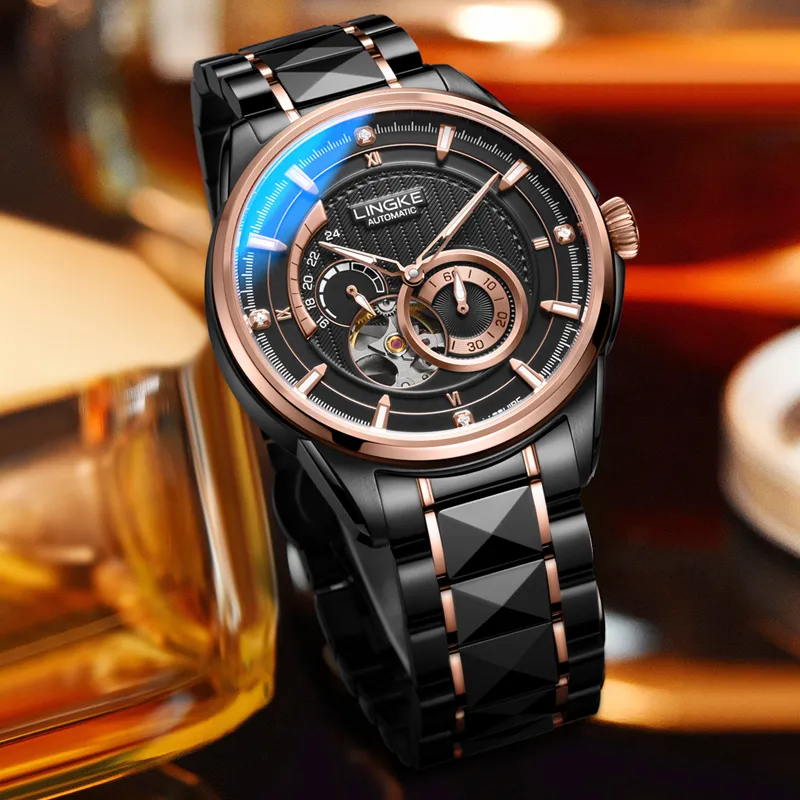 LINGKE Automatic Mechanical Movement Steel Strap Watch Men's Watches White Dial-15
