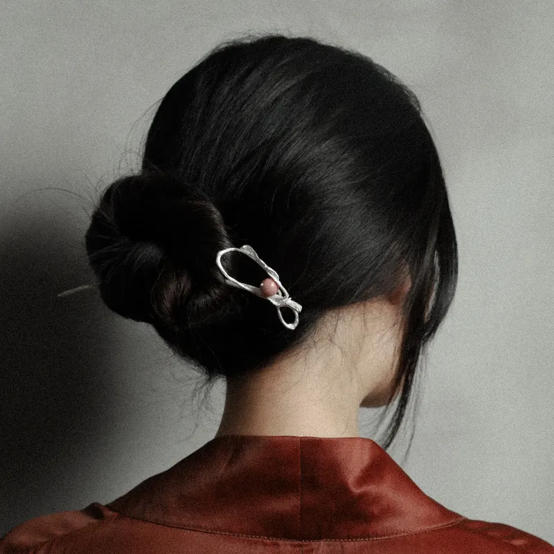 M.Wong 925 Sterling Silver Inlay Rose Quartz With Tiger's Eye Hairpin Hair Accessory Women's-2