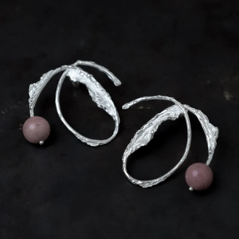 M.Wong 925 Sterling Silver Inlay Rose Quartz With Tiger's Eye Stud Hoop Earrings Women's-1