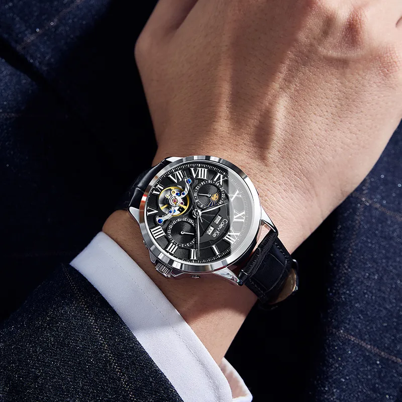 Colev Kie Automatic Mechanical Movement Genuine Leather Strap Men's Watches White Dial-10