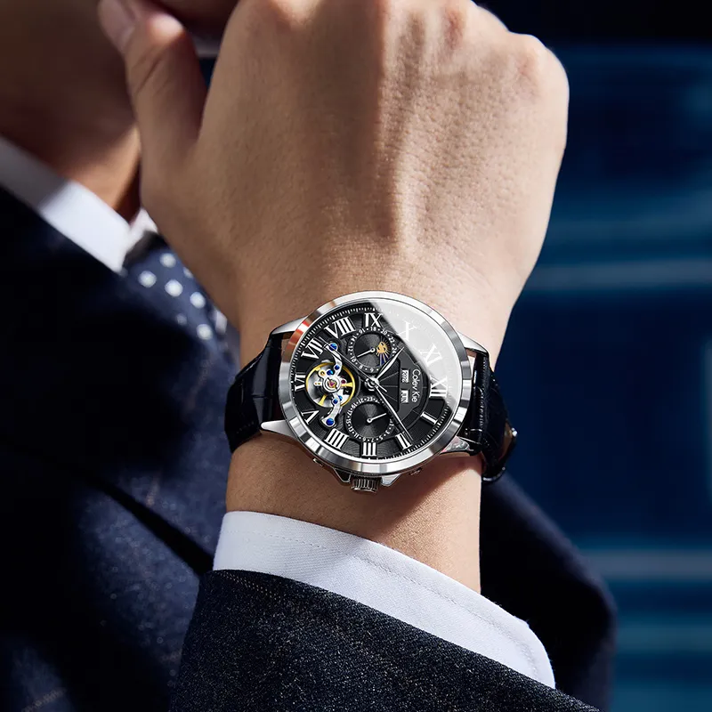 Colev Kie Automatic Mechanical Movement Genuine Leather Strap Men's Watches White Dial-9