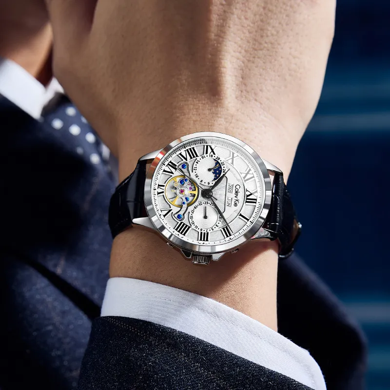 Colev Kie Automatic Mechanical Movement Genuine Leather Strap Men's Watches White Dial-4