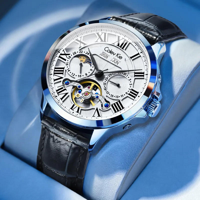 Colev Kie Automatic Mechanical Movement Genuine Leather Strap Men's Watches White Dial-6
