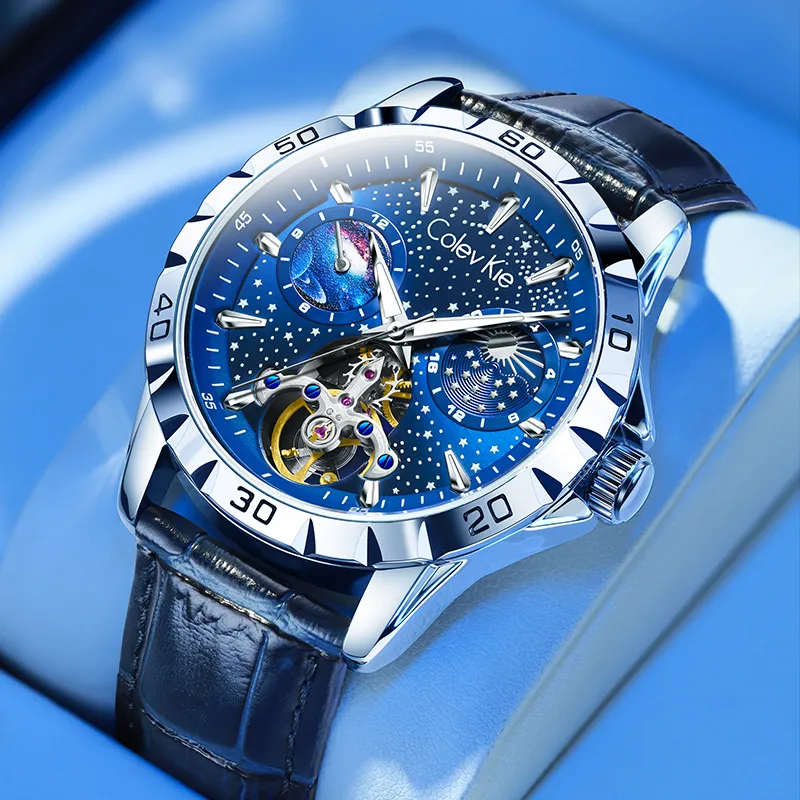 Colev Kie Automatic Mechanical Movement Genuine Leather Strap Watch Men Black Dial-7