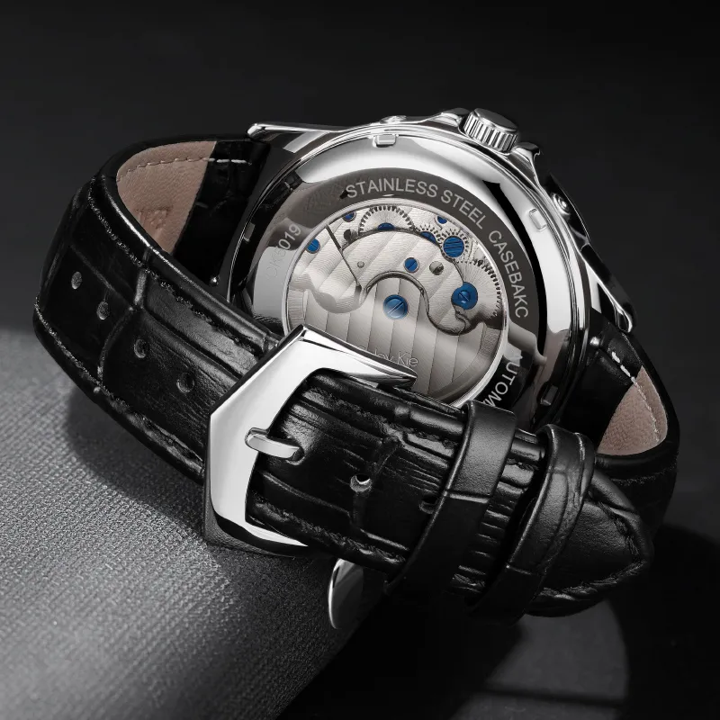 Colev Kie Automatic Mechanical Movement Genuine Leather Strap Men's Watches White Dial-5