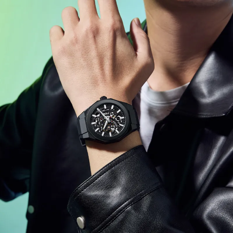 Colev Kie Automatic Mechanical Movement Silicone Strap Watch Men's Watches Cut Out Dial-5