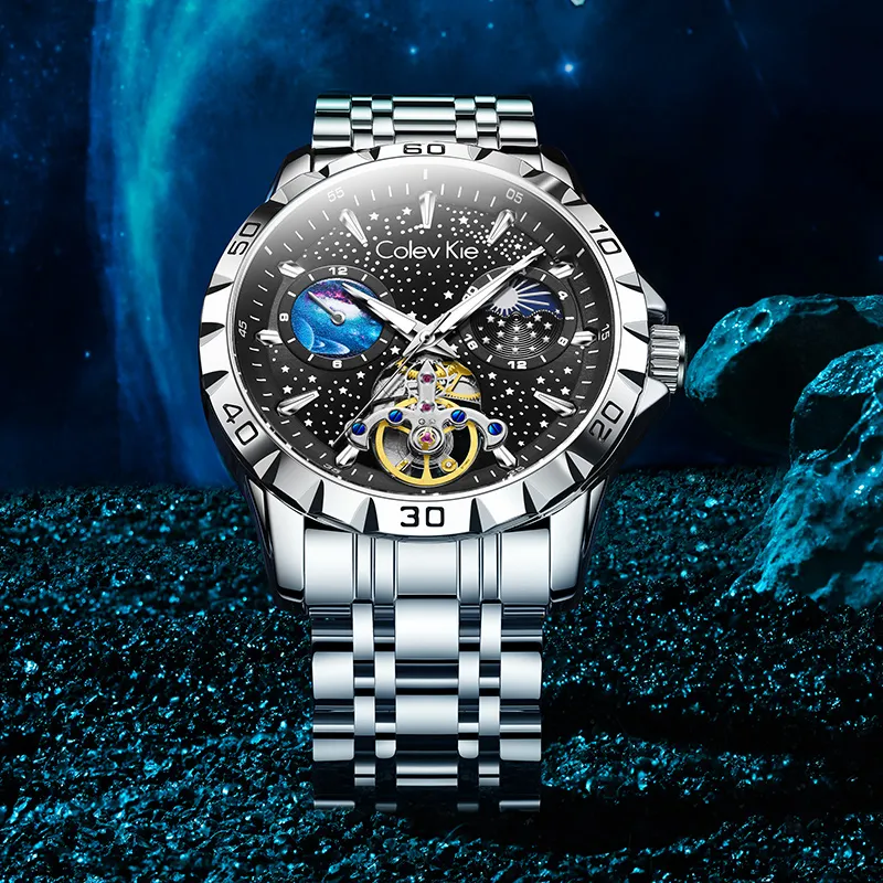 Colev Kie Automatic Mechanical Movement Steel Strap Men's Watches Black Dial-5