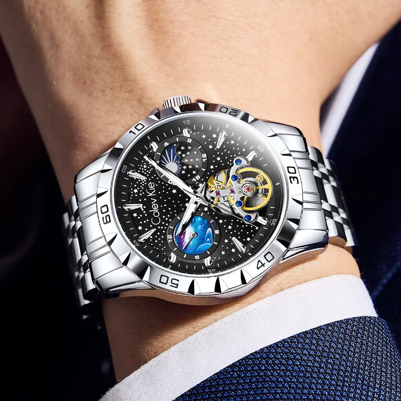Colev Kie Automatic Mechanical Movement Steel Strap Men's Watches Black Dial-3
