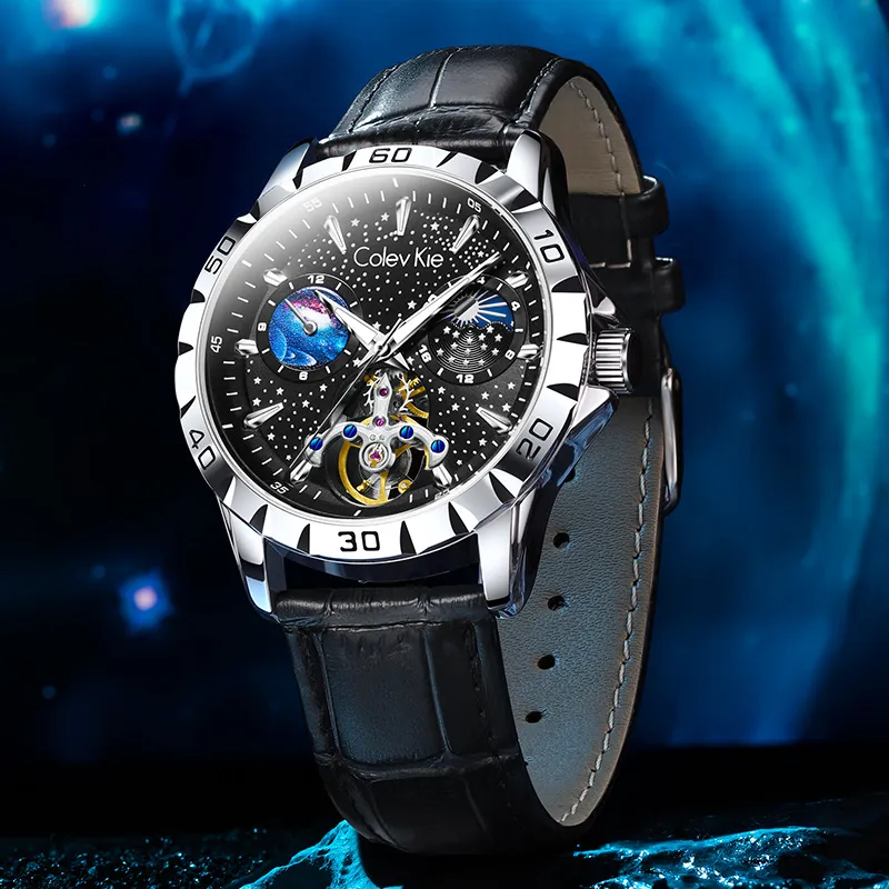 Colev Kie Automatic Mechanical Movement Genuine Leather Strap Watch Men Black Dial-4