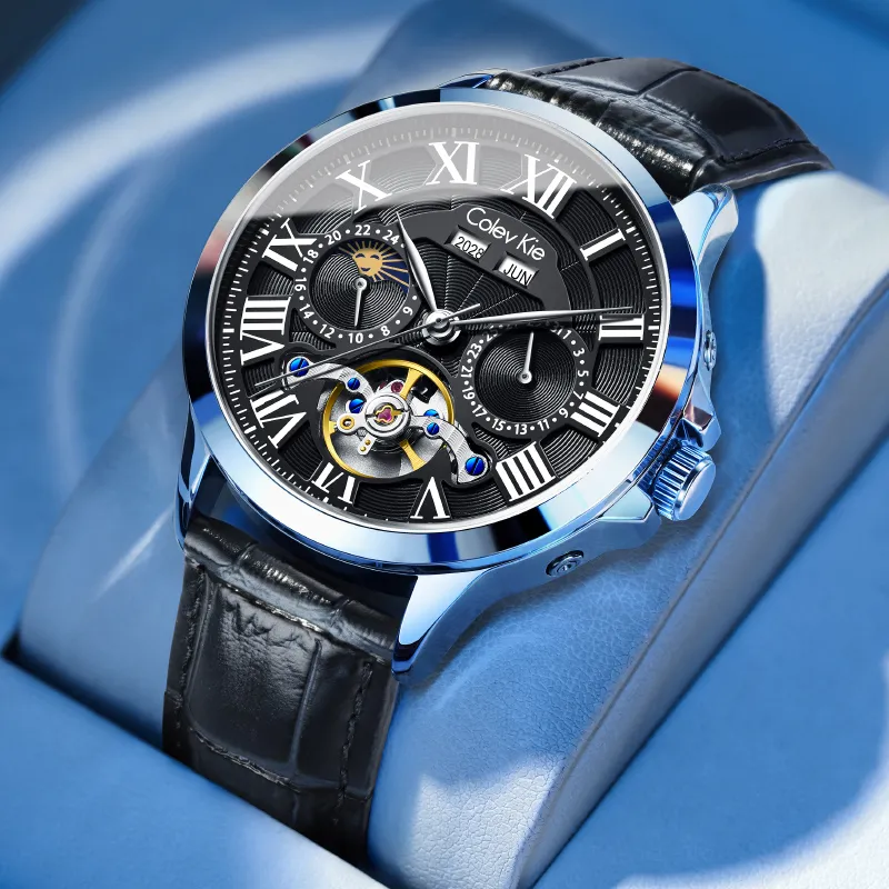 Colev Kie Automatic Mechanical Movement Genuine Leather Strap Men's Watches White Dial-8