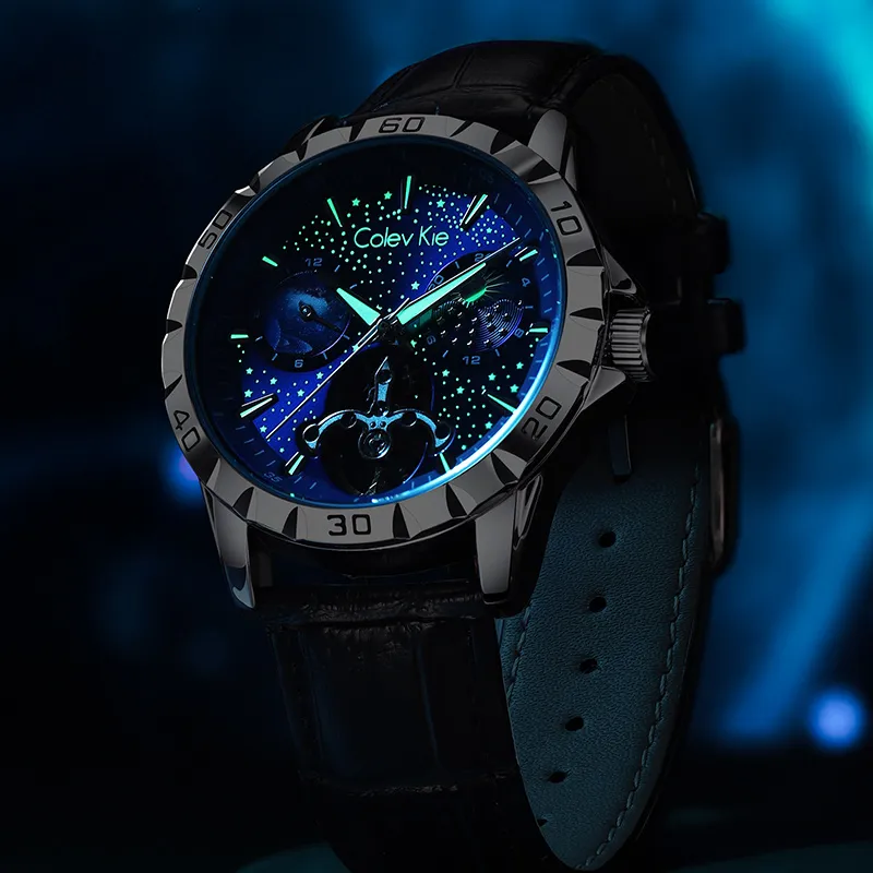 Colev Kie Automatic Mechanical Movement Genuine Leather Strap Watch Men Black Dial-2