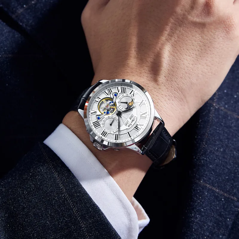 Colev Kie Automatic Mechanical Movement Genuine Leather Strap Men's Watches White Dial-3