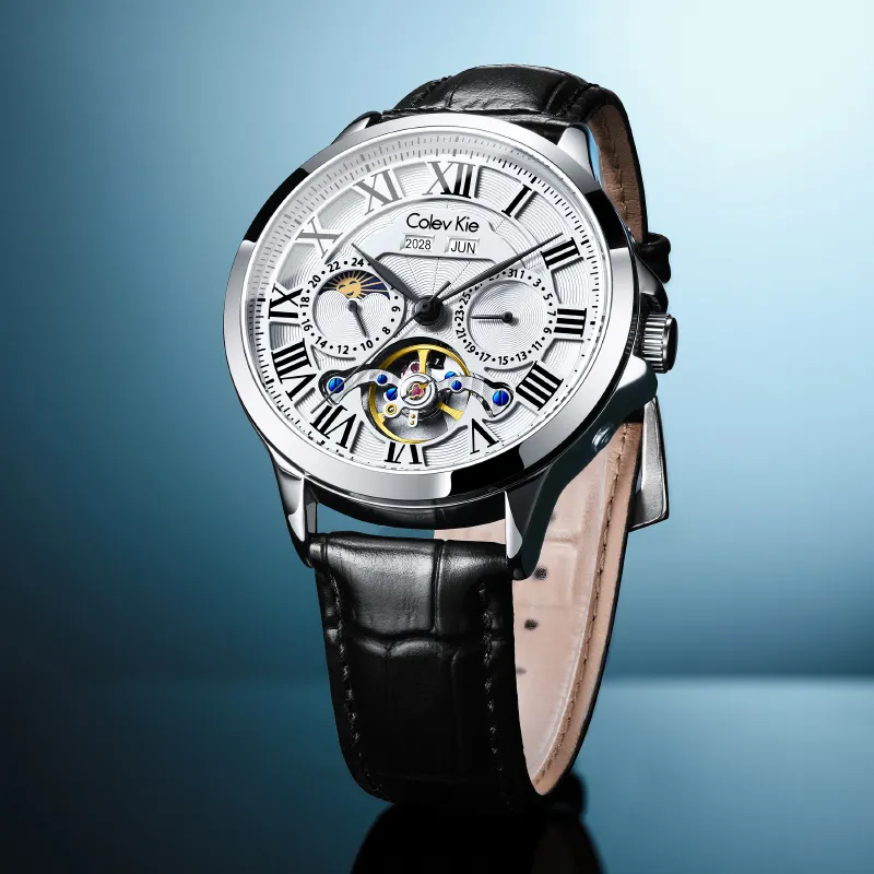 Colev Kie Automatic Mechanical Movement Genuine Leather Strap Men's Watches White Dial-1