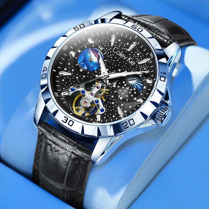 Colev Kie Automatic Mechanical Movement Genuine Leather Strap Watch Men Black Dial-1