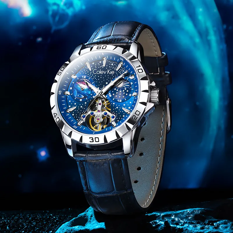 Colev Kie Automatic Mechanical Movement Genuine Leather Strap Watch Men Black Dial-9
