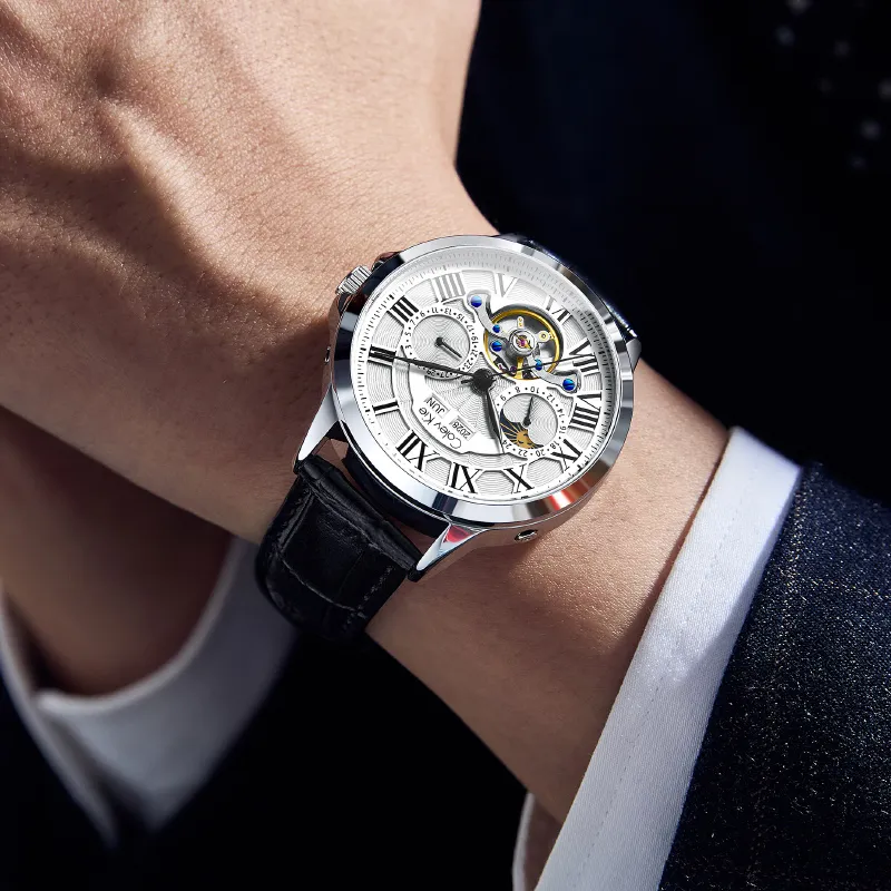Colev Kie Automatic Mechanical Movement Genuine Leather Strap Men's Watches White Dial-2