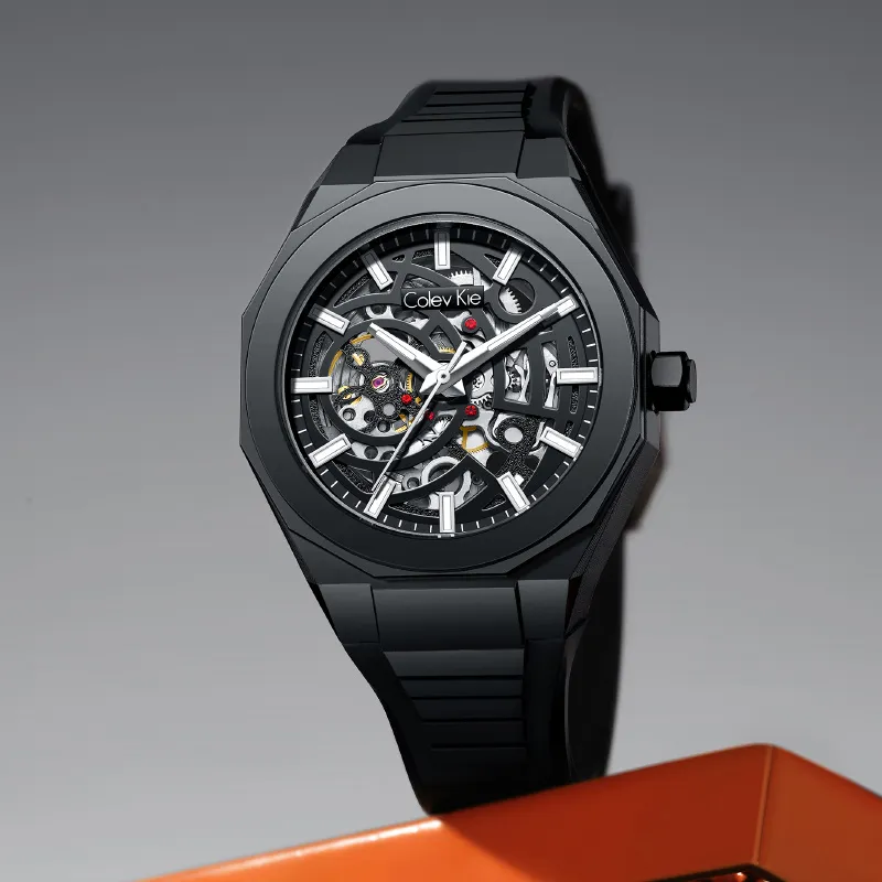 Colev Kie Automatic Mechanical Movement Silicone Strap Watch Men's Watches Cut Out Dial-4