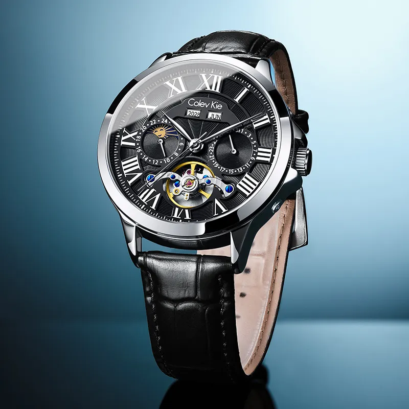 Colev Kie Automatic Mechanical Movement Genuine Leather Strap Men's Watches White Dial-11