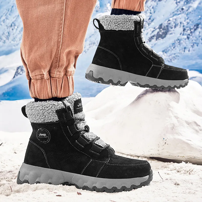 Jeep Warm Wear Resistant Cushioning Height Increasing Slip Resistant Coverage Short Outdoor Snow Boots Men's Black Gray-7