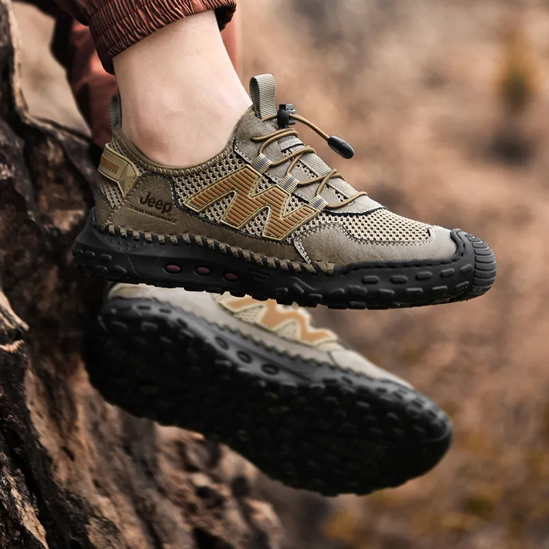 Jeep Cushioning Rebound Wear Resistant Lightweight Breathable Slip Resistant Low Top Hiking Trekking Shoes Men's Khaki-7
