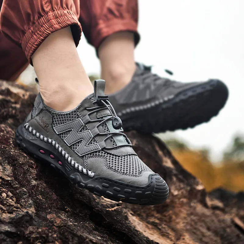 Jeep Cushioning Rebound Wear Resistant Lightweight Breathable Slip Resistant Low Top Sports Trekking Shoes Men's Gray-7