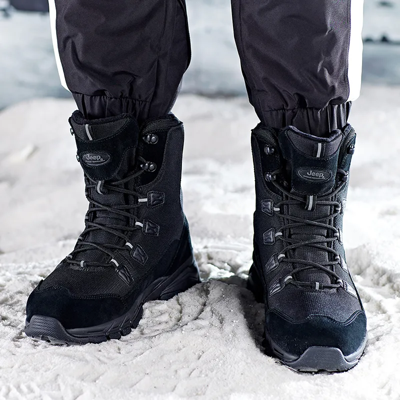 Jeep Warm Water Resistant Wear Resistant Cushioning Height Increasing Slip Resistant Knee High Snow Boots Men's Black-6