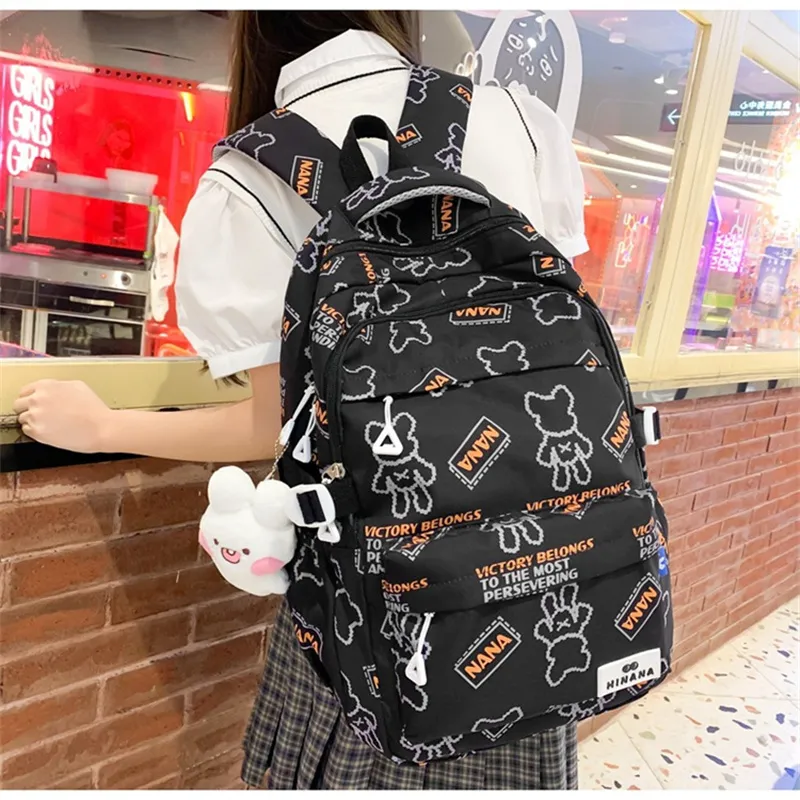 NX DOUGHNUT Nylon Backpack Regular Women's English Bear Ecru Heart Bear Pink Bear Black Bear Cow Pattern-17