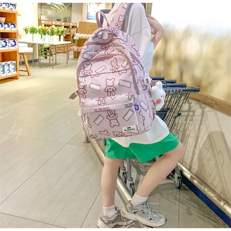 NX DOUGHNUT Nylon Backpack Regular Women's English Bear Ecru Heart Bear Pink Bear Black Bear Cow Pattern-12