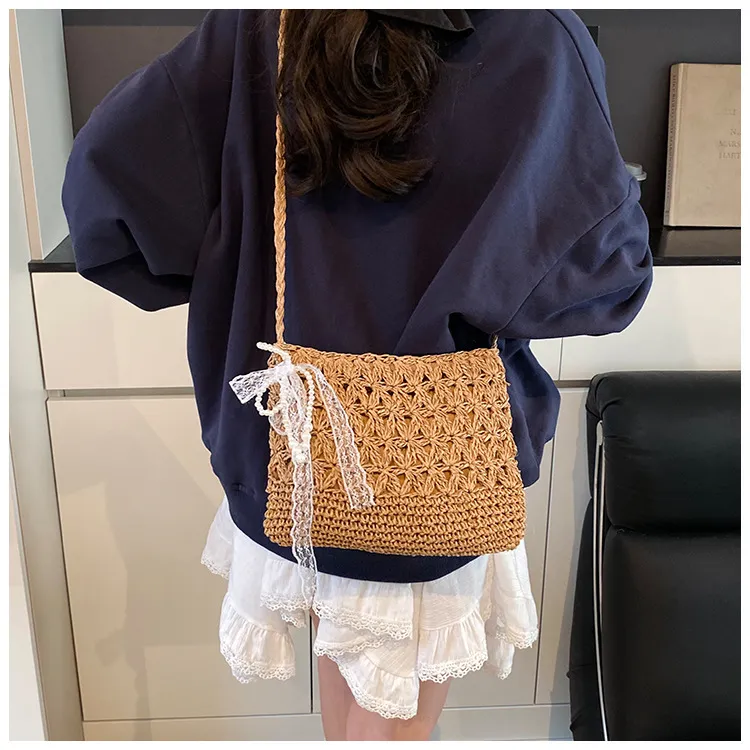 NX DOUGHNUT Straw Woven Shoulder Bag Women's Ecru/Khaki-8