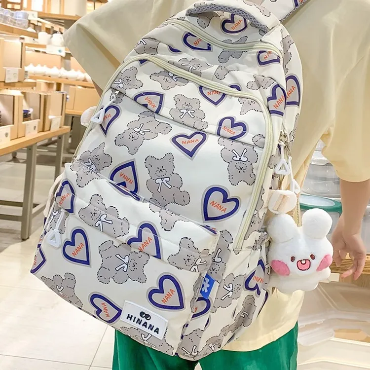 NX DOUGHNUT Nylon Backpack Regular Women's English Bear Ecru Heart Bear Pink Bear Black Bear Cow Pattern-8