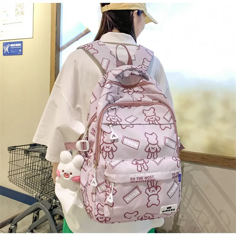 NX DOUGHNUT Nylon Backpack Regular Women's English Bear Ecru Heart Bear Pink Bear Black Bear Cow Pattern-10