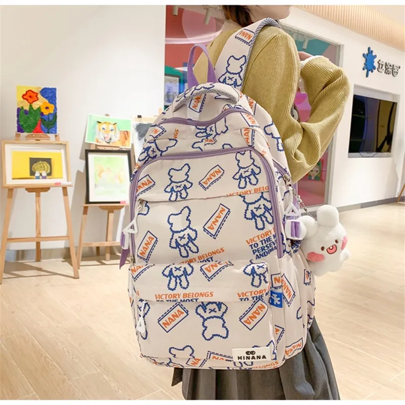 NX DOUGHNUT Nylon Backpack Regular Women's English Bear Ecru Heart Bear Pink Bear Black Bear Cow Pattern-1