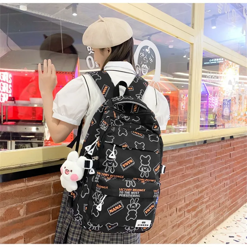 NX DOUGHNUT Nylon Backpack Regular Women's English Bear Ecru Heart Bear Pink Bear Black Bear Cow Pattern-16