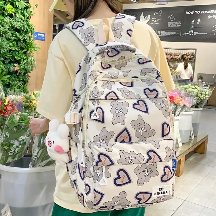 NX DOUGHNUT Nylon Backpack Regular Women's English Bear Ecru Heart Bear Pink Bear Black Bear Cow Pattern-7