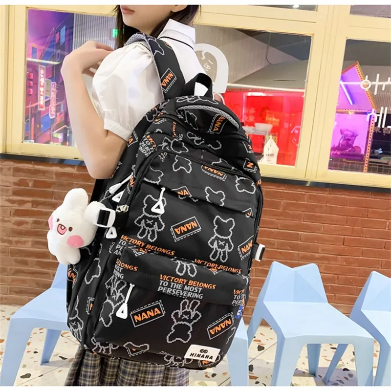 NX DOUGHNUT Nylon Backpack Regular Women's English Bear Ecru Heart Bear Pink Bear Black Bear Cow Pattern-15